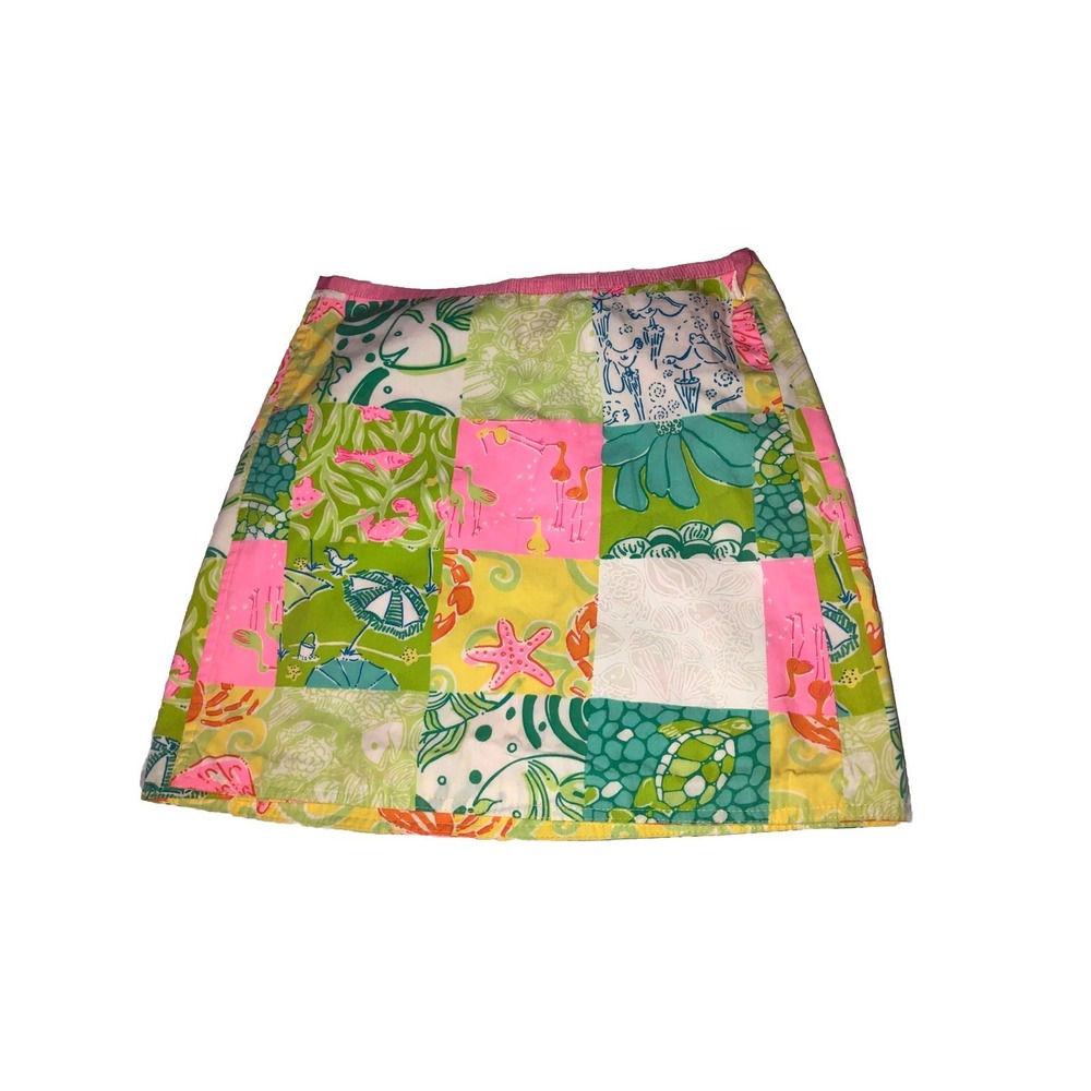 Vtg Lilly Pulitzer reversible Wrap Skirt Patchwork sea beach Pink Yellow Green 2